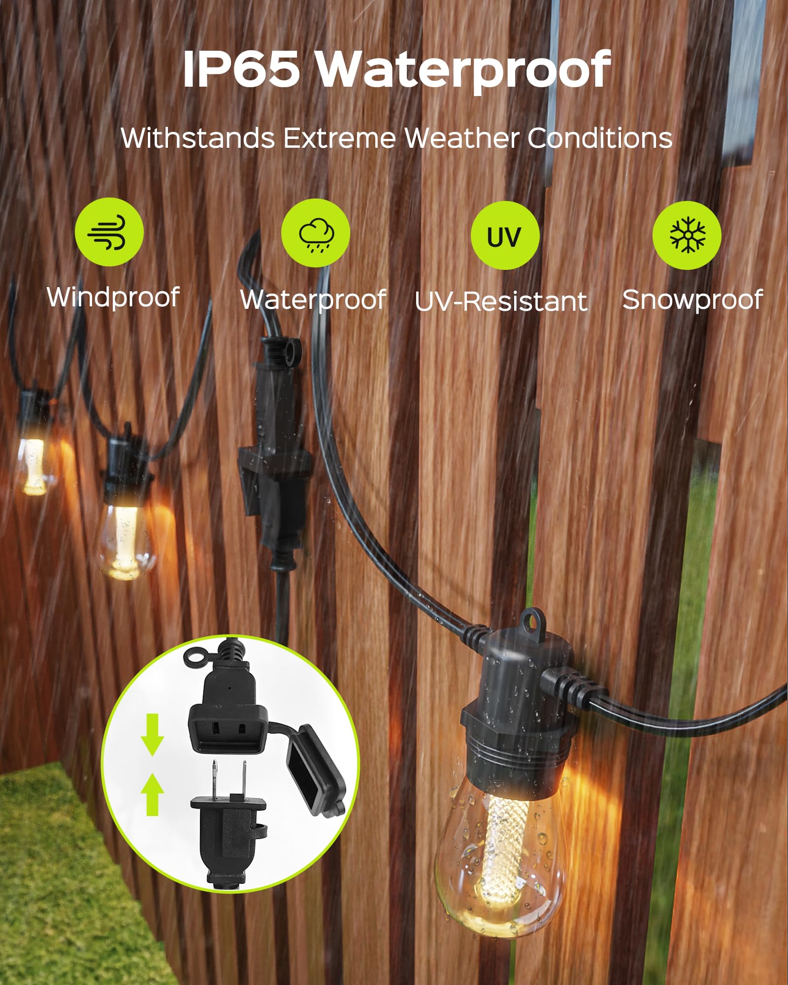 JACKYLED 100FT Outdoor String Lights - Waterproof Plug-in LED Patio Lights for Yard, Balcony, Wedding, Camping & Cafe | End-to-End Connectable | Perfect for Backyard Parties, Romantic Dinners & Outdoor Decor