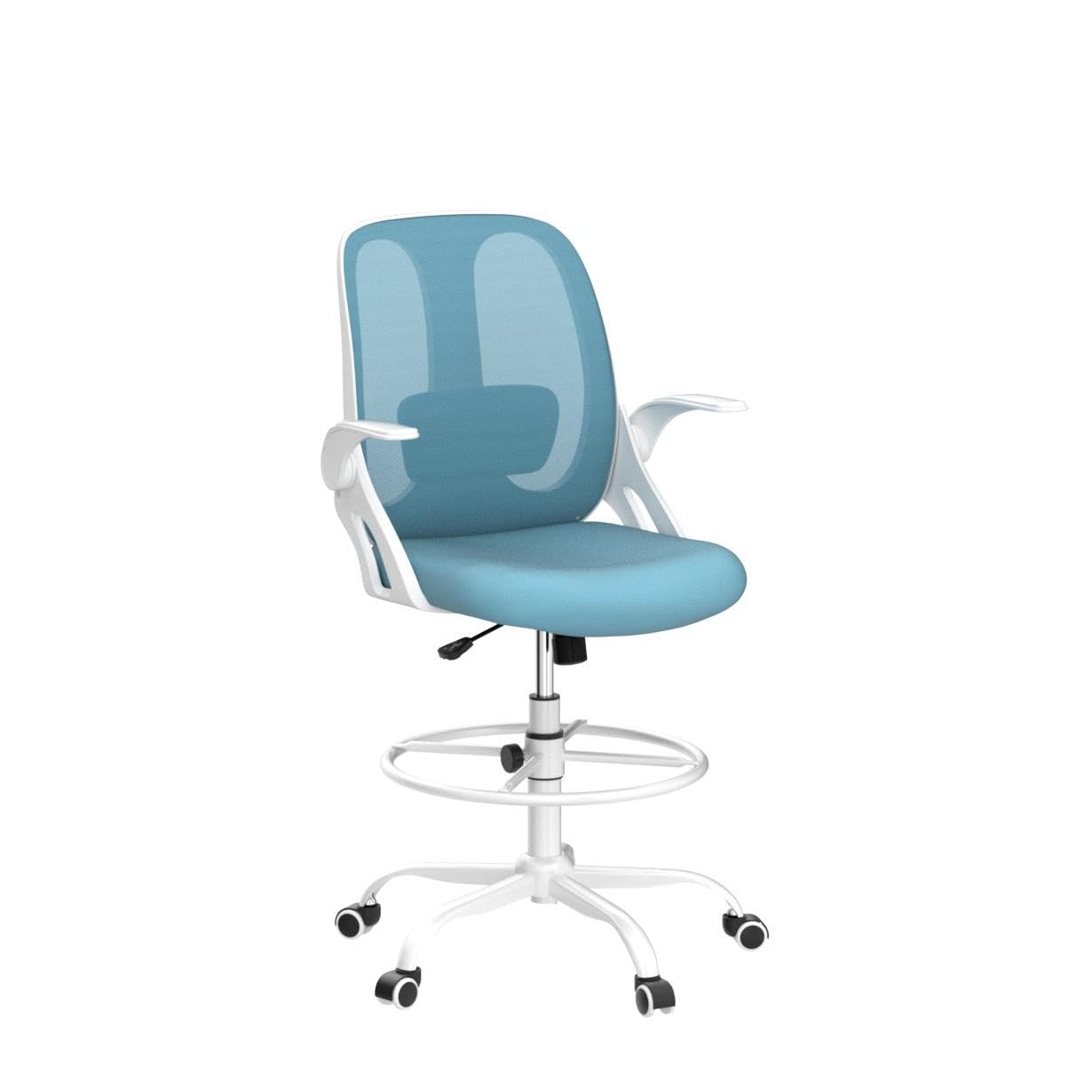 Razzor Ergonomic Drafting Chair - Adjustable Height Office Stool with Lumbar Support, Flip-Up Armrests & Footrest Ring - Blue - Perfect for Architects, Designers & Standing Desk Workstations