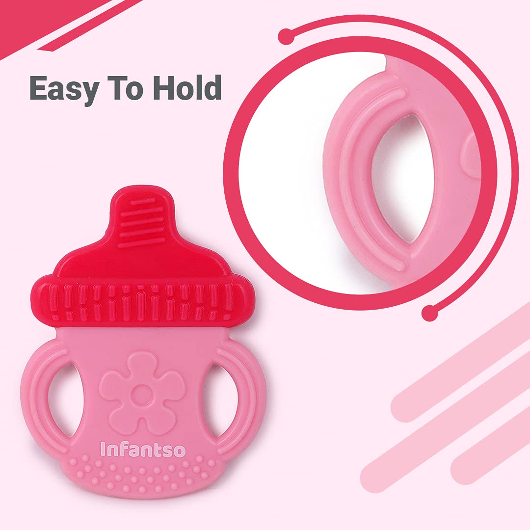 Non-Toxic Food-Grade Silicone Baby Teether for Infants 2+ Months - BPA Free, Pain Relief Chew Toy for Soothing Sore Gums (Pink Bottle) - Perfect for Home, Travel & Daycare Use