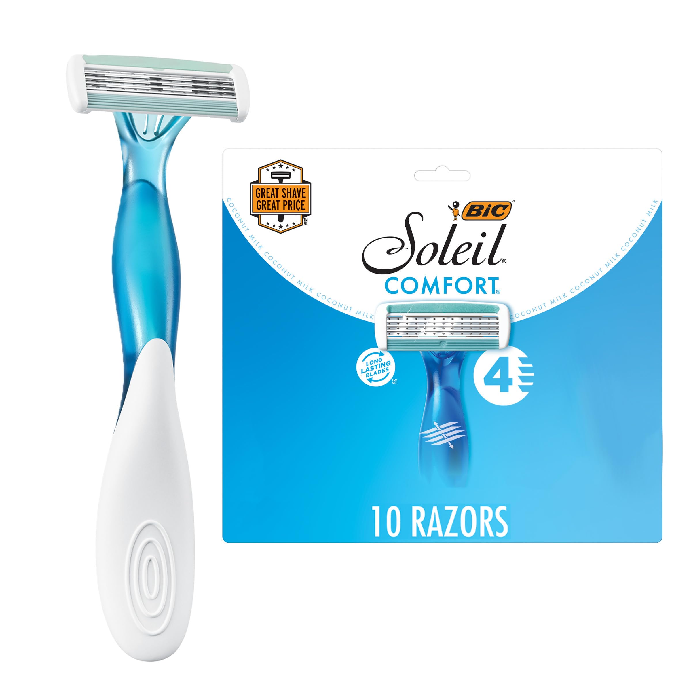 BIC Soleil Comfort Women's Disposable Razors - 4 Blade Shaving Razor for Smooth Skin, Less Irritation - 10 Count Pack - Perfect for Summer Legs, Bikini Line & Underarm Hair Removal
