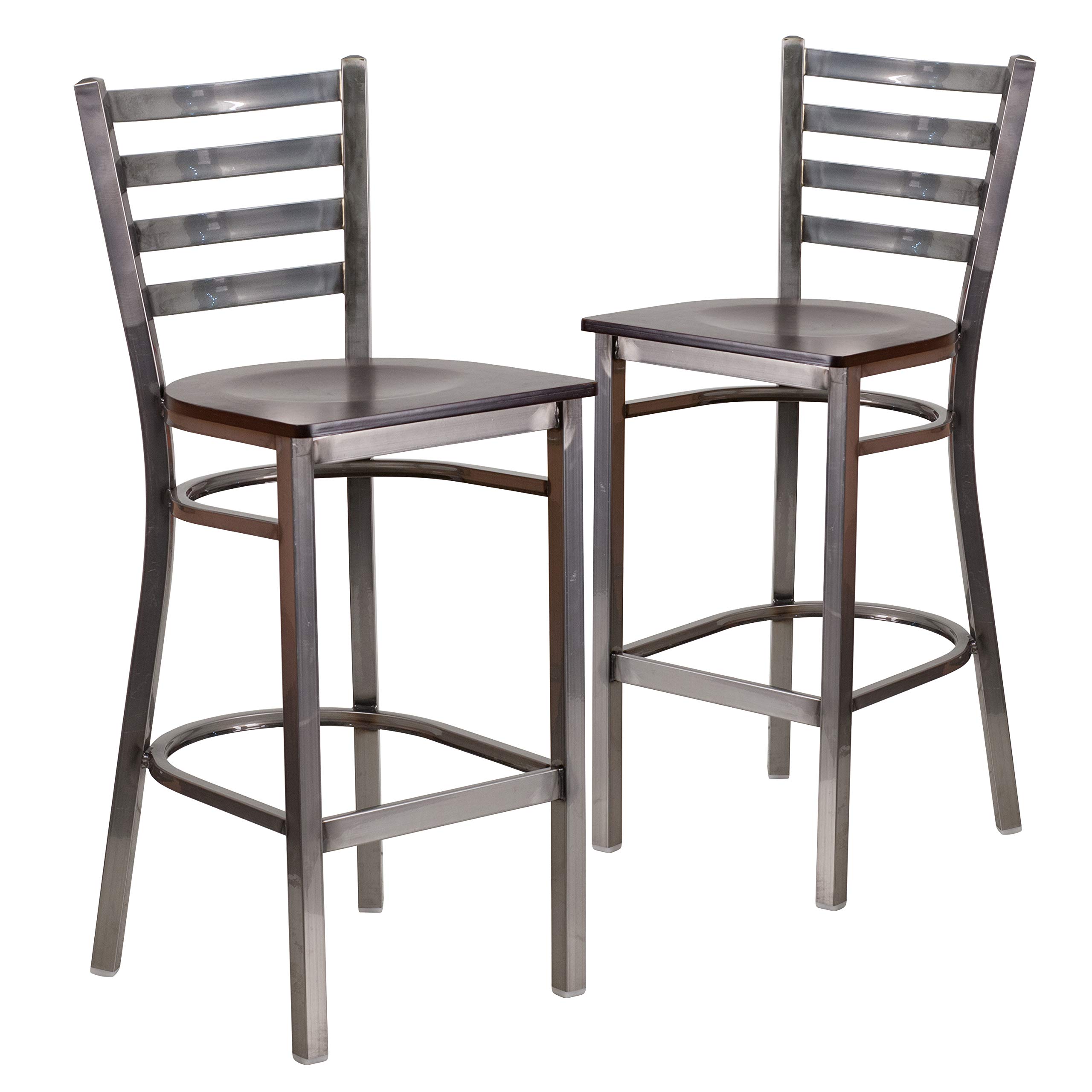 Flash Furniture 2-Pack HERCULES Series Clear Coated Ladder Back Metal Bar Stools with Walnut Wood Seat - Commercial Grade Restaurant & Home Bar Counter Stools for Kitchen Island, Pub, and Dining Room