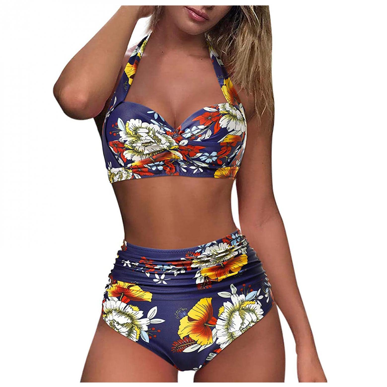 Women's High Waisted Bikini Set - Tummy Control 2 Piece Swimsuit with Halter Neck & Ruched Floral Print | Sexy Beachwear for Pool, Vacation & Summer Activities