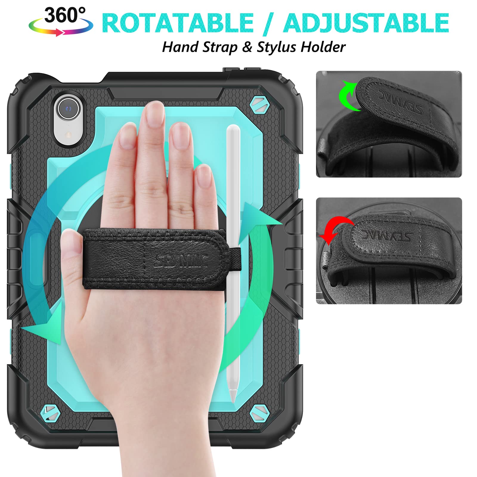 SEYMAC 360 Rotating Stand Case with Hand Strap & Pencil Holder for iPad Mini 7 (2024, A17 Pro) & iPad Mini 6 (8.3 Inch) - Shockproof Protective Cover with Screen Protector, Sky Blue & Black - Perfect for Work, Travel, and Creative Drawing