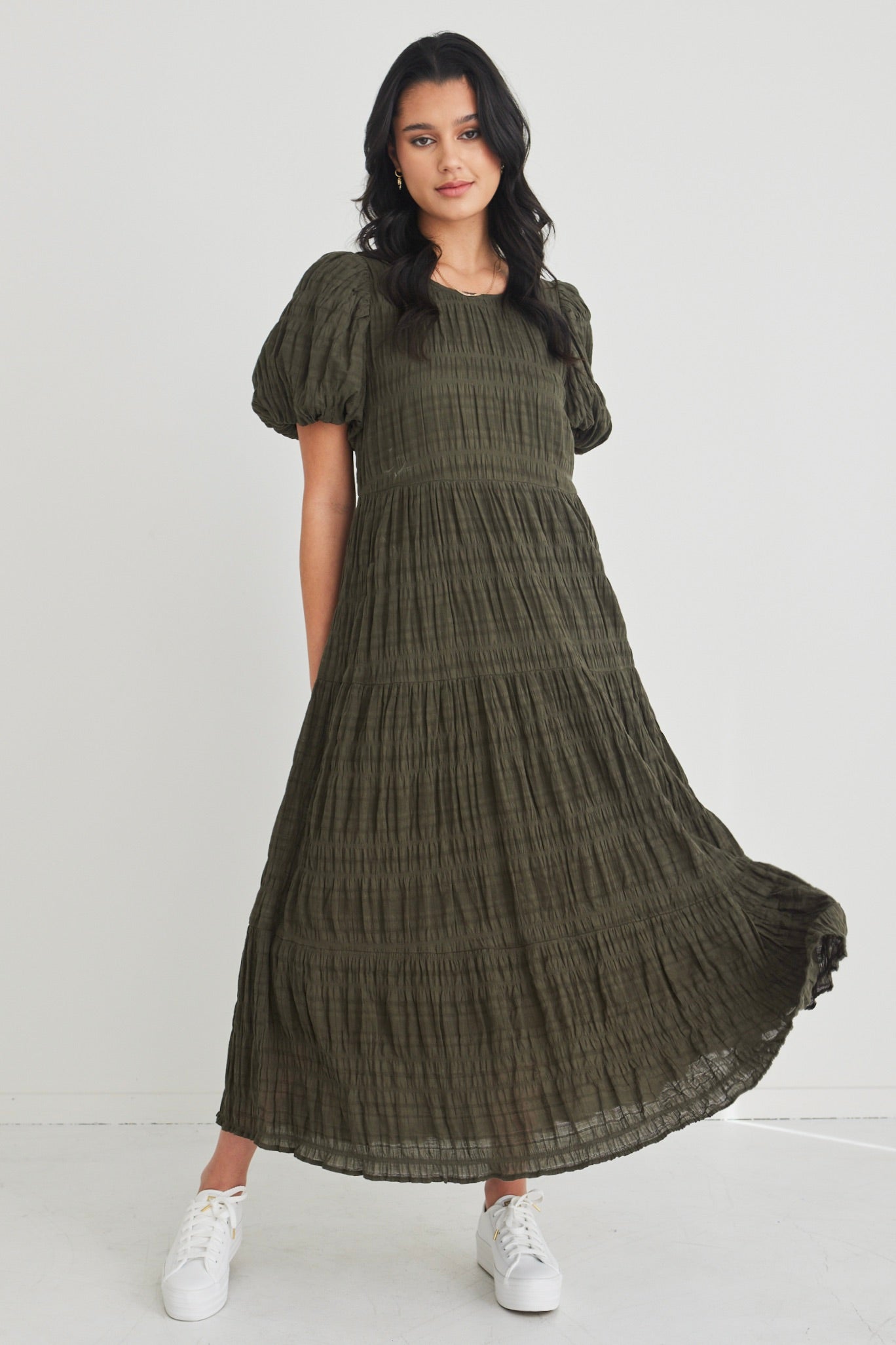 Graceful Khaki Shirred Cotton Bubble Sleeve Tiered Maxi Dress for Women - Summer Beach Wedding Party Vacation Outfit