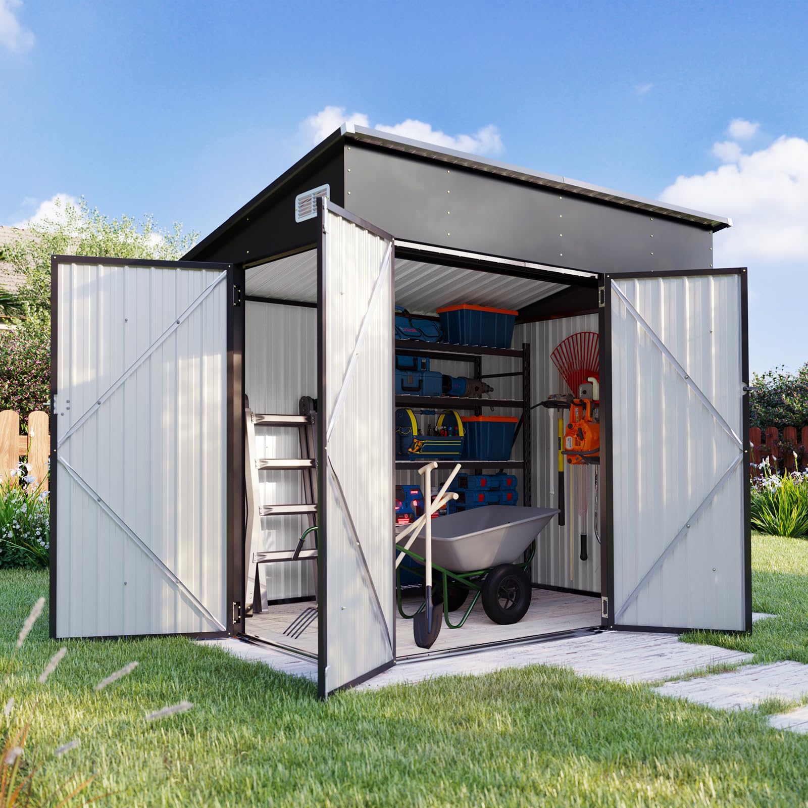 Aoxun 7.5'x5.5' Outdoor Metal Storage Shed with Triple Lockable Doors & Sloping Roof - Heavy Duty Garden Shed for Tools, Bikes, Lawn Equipment - Perfect for Backyard, Patio, Courtyard & Garage Storage
