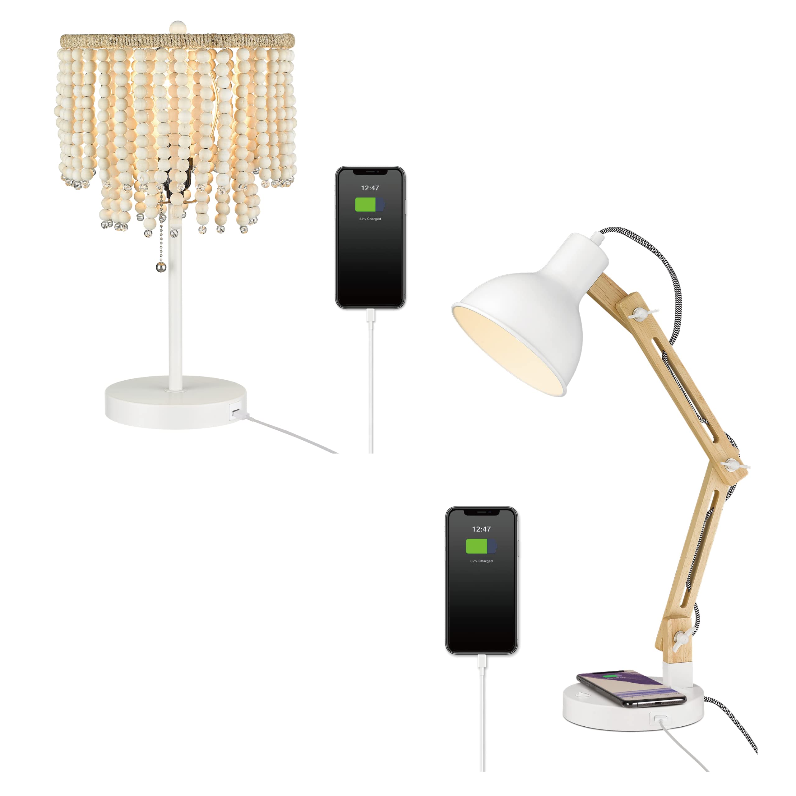 ELYONA Wooden Desk Lamp with USB Charging Port & Wireless Charger - Modern Wood Beaded Table Lamp for Home Office, Bedroom, Study Room - Perfect for Reading, Working & Nightstand Lighting