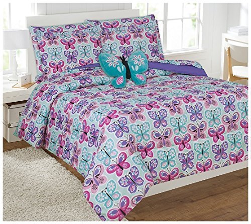 Linen Plus Full Comforter Set for Girls & Teens - Butterfly Print in Light Blue, Turquoise, Pink & Purple | Soft Bedding Set with Sheets | Perfect for Teen Bedrooms, Dorm Rooms & Gift Giving