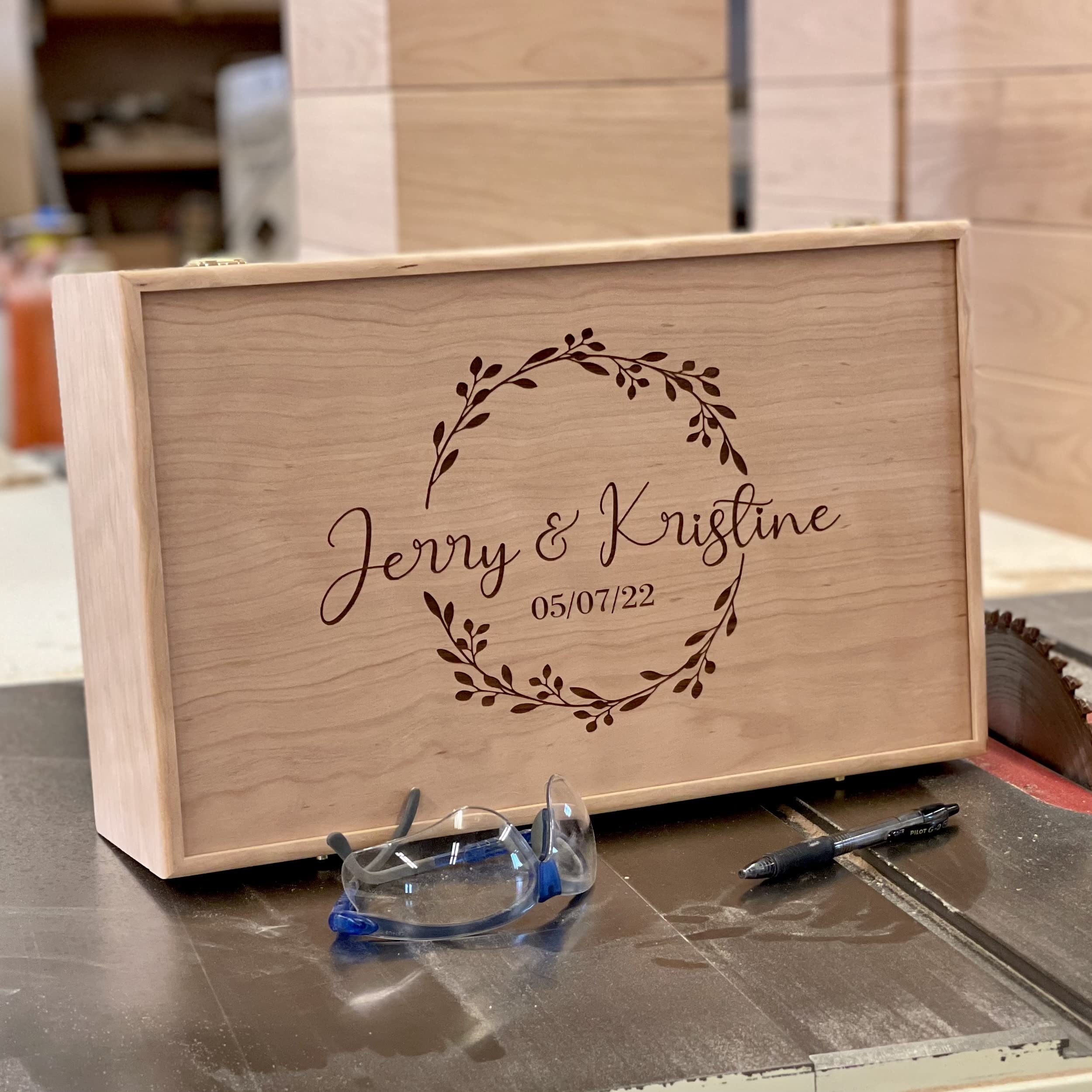 Extra Large Handmade Wooden Keepsake Box with Lid - Personalized Engraved Wedding, Engagement & Anniversary Gift - Memory Box for Couples - Cherry Finish - Perfect for Storing Jewelry, Photos & Mementos