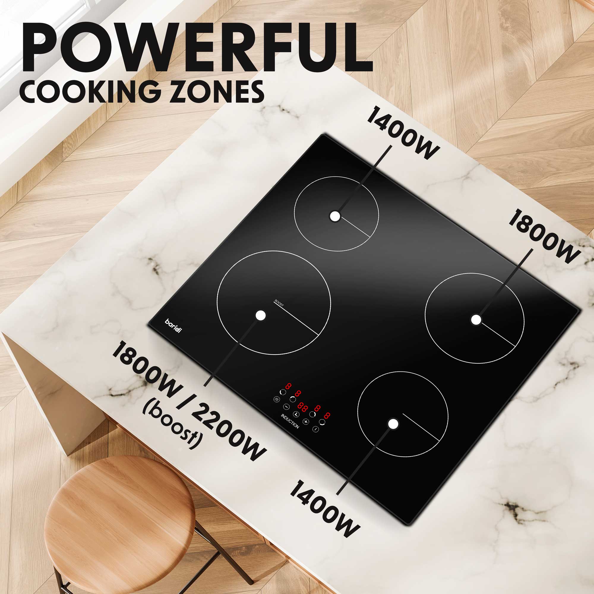 Baridi 60cm 4 Zone Induction Cooktop with Boost Function - 9 Power Levels, Touch Control & Timer - 6800W DH176 - Perfect for Home Kitchen, Restaurant & Commercial Cooking