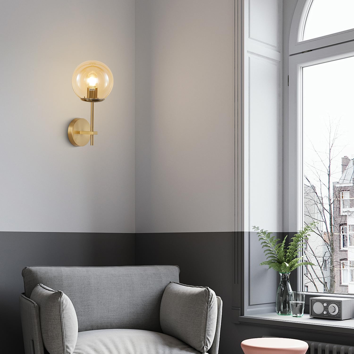 Modern Mid Century Style Wall Sconce with Glass Shade & Brass Finish - Amber Bathroom Vanity Light for Home Decor | Perfect for Bedroom, Hallway & Bathroom Lighting