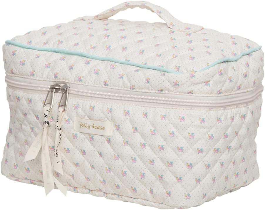 Ormein Floral Cotton Makeup Bag - Large Travel Cosmetic Pouch with Quilted Design, Coquette Aesthetic Toiletry Organizer for Women & Girls - Multifunctional Storage (Beige) | Perfect for Travel, Gym, Beach & Daily Beauty Essentials