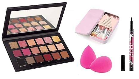 KAARM 18-Color Rose Gold Eyeshadow Palette with 7-Piece Makeup Brush Set, 36H Waterproof Eyeliner & 2 Beauty Blenders - Perfect for Party, Wedding & Everyday Makeup Looks