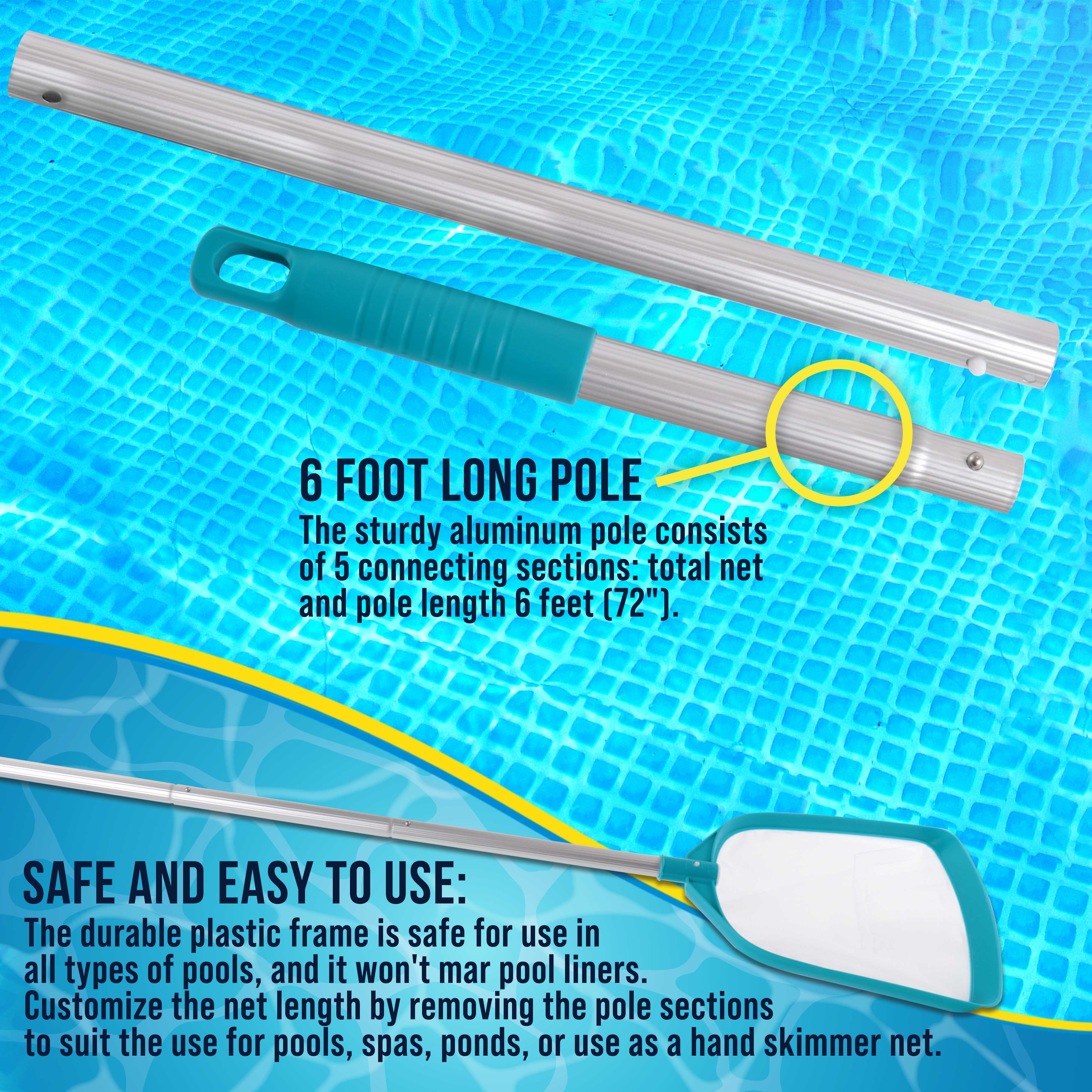 Professional 6 Foot Swimming Pool Leaf Skimmer Net with 5-Section Aluminum Pole | Ultra Fine Mesh for Debris Removal | Perfect for In-Ground & Above Ground Pools