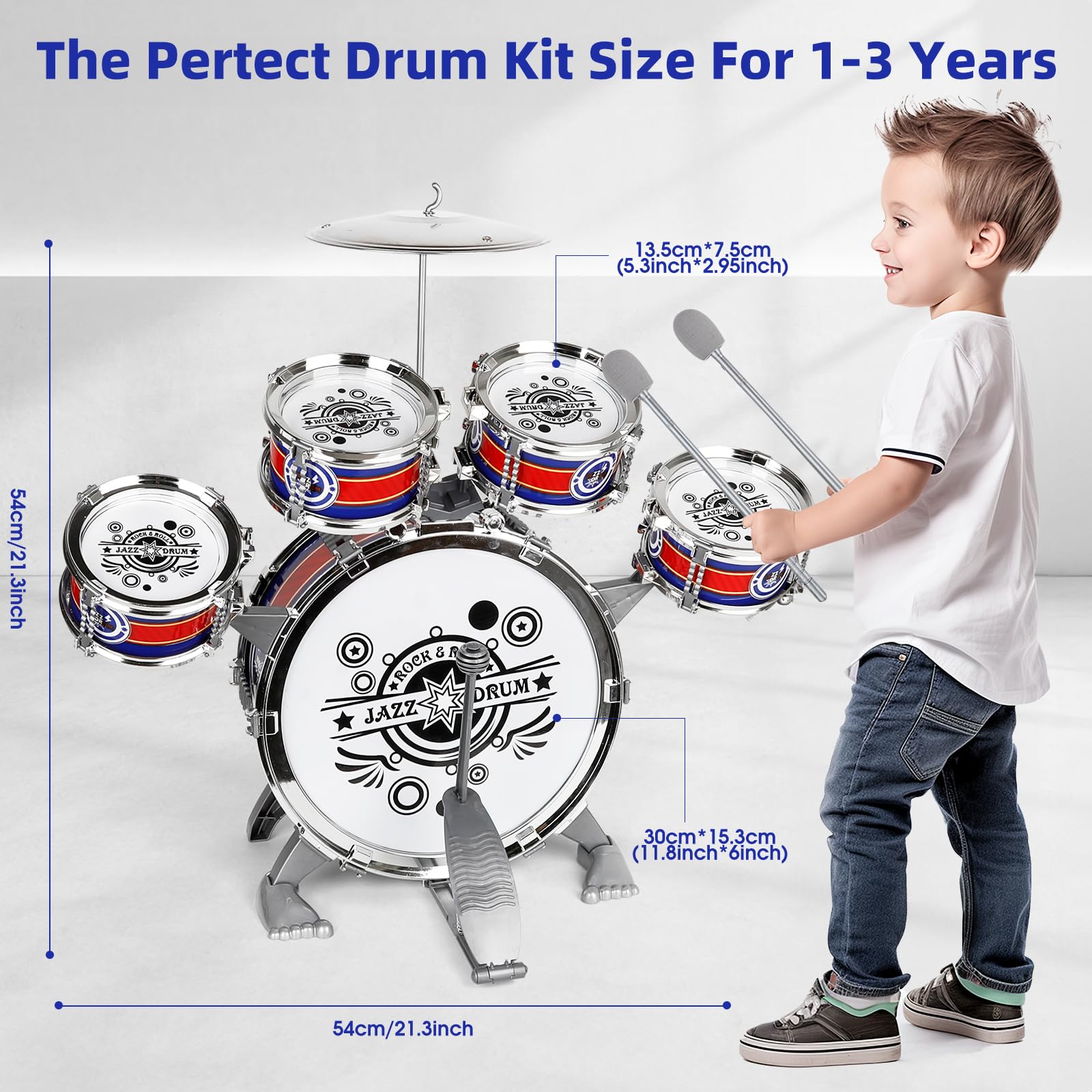 M SANMERSEN 5-Piece Toddler Drum Kit for Kids Ages 1-3 | Compact Musical Toy Set with Stool & Cymbal | Perfect Birthday Gift for 1-3 Year Old Boys & Girls | Blue Drum Set for Early Music Learning & Playtime Fun