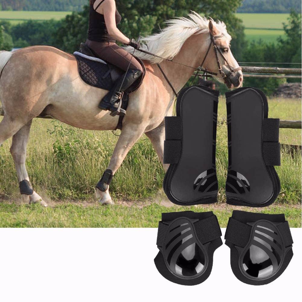 4Pcs Horse Leg Protectors - Elastic PU Front & Hind Leg Boots for Riding, Shock Absorbing Tendon & Fetlock Protection - Show & Competition Use (Medium, Black) - Ideal for Training, Jumping & Dressage