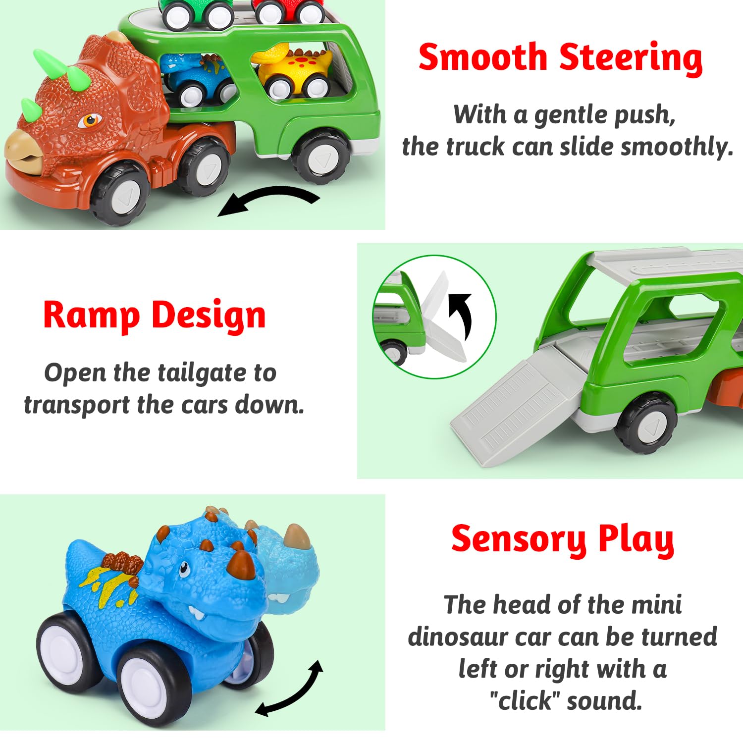 Dinosaur Transport Carrier Truck Toys for Toddlers 1-5 Years Old - 5-in-1 Interactive Play Set with Music & Lights - Best Gift for Boys Age 1-2, 2-3, 3-5 - Perfect for Christmas, Birthday & Pretend Play Scenes