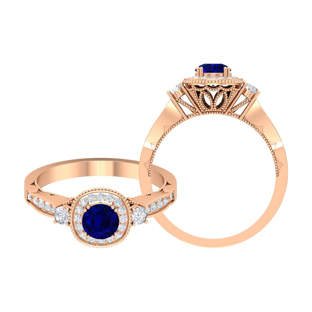 1 CT Natural Blue Sapphire and Diamond Ring for Women - 14K Solid Gold Vintage Inspired Beaded Ring, Elegant Jewelry Gift for Anniversary, Engagement, Wedding & Special Occasions