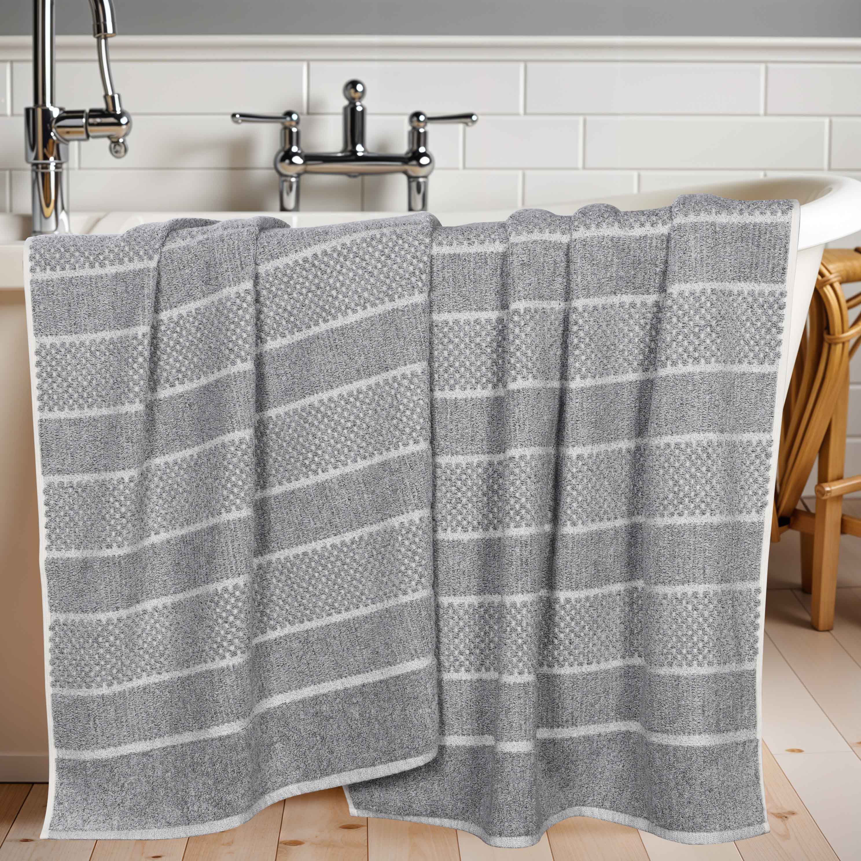 Soft Naples Cotton Blend Checkered & Ribbed Bath Towels Set of 2 - Extra Large Absorbent Bath Sheets for Spa, Beach & Luxury Bathroom