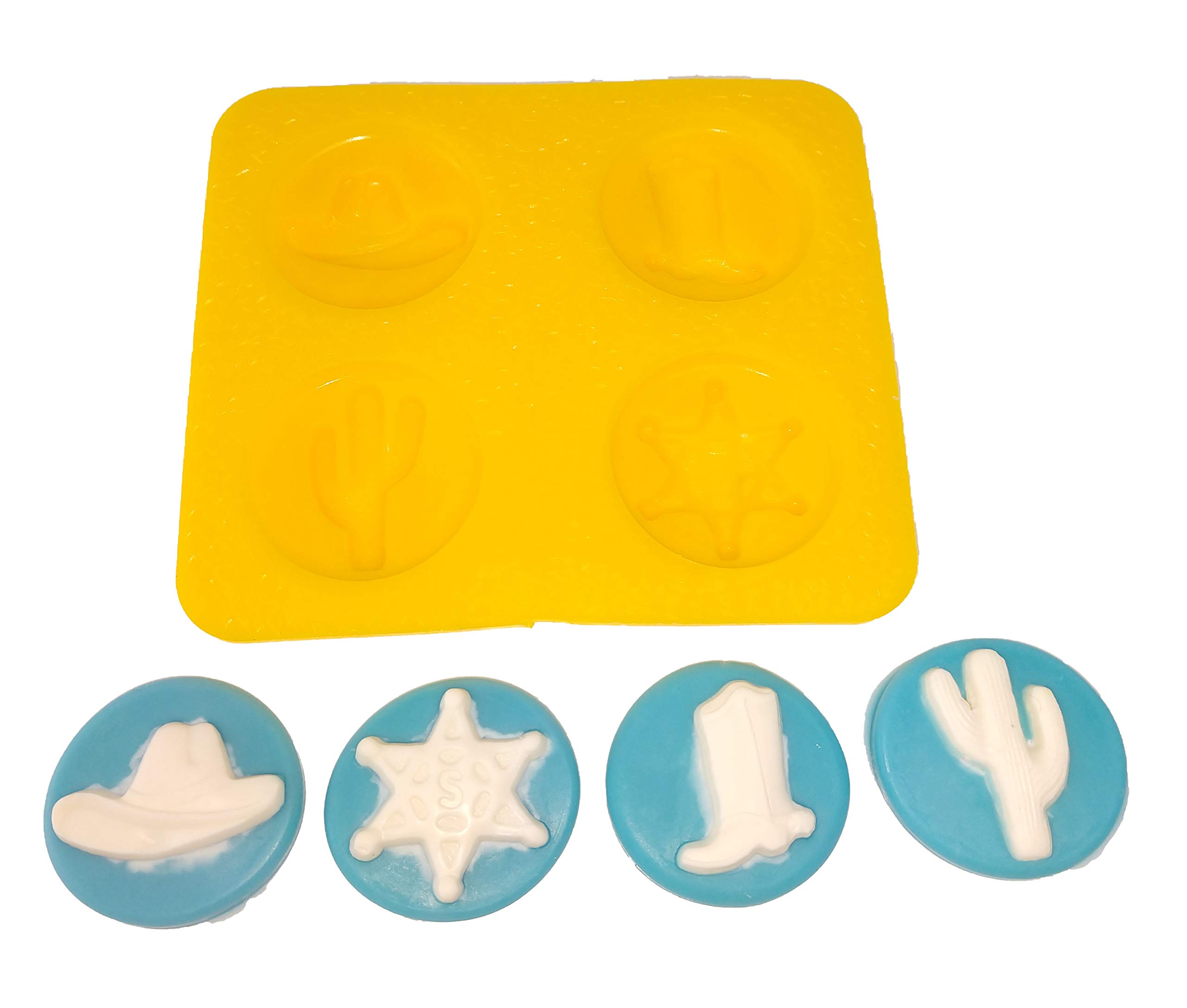Western Cowboy Silicone Molds Set - 4 Cavity (Cowboy Hat, Boot, Cactus, Sheriff Badge) for Cream Cheese, Candy Melts, Fondant, Caramels - Perfect for DIY Candy Making, Cake Decorating, and Western Theme Parties