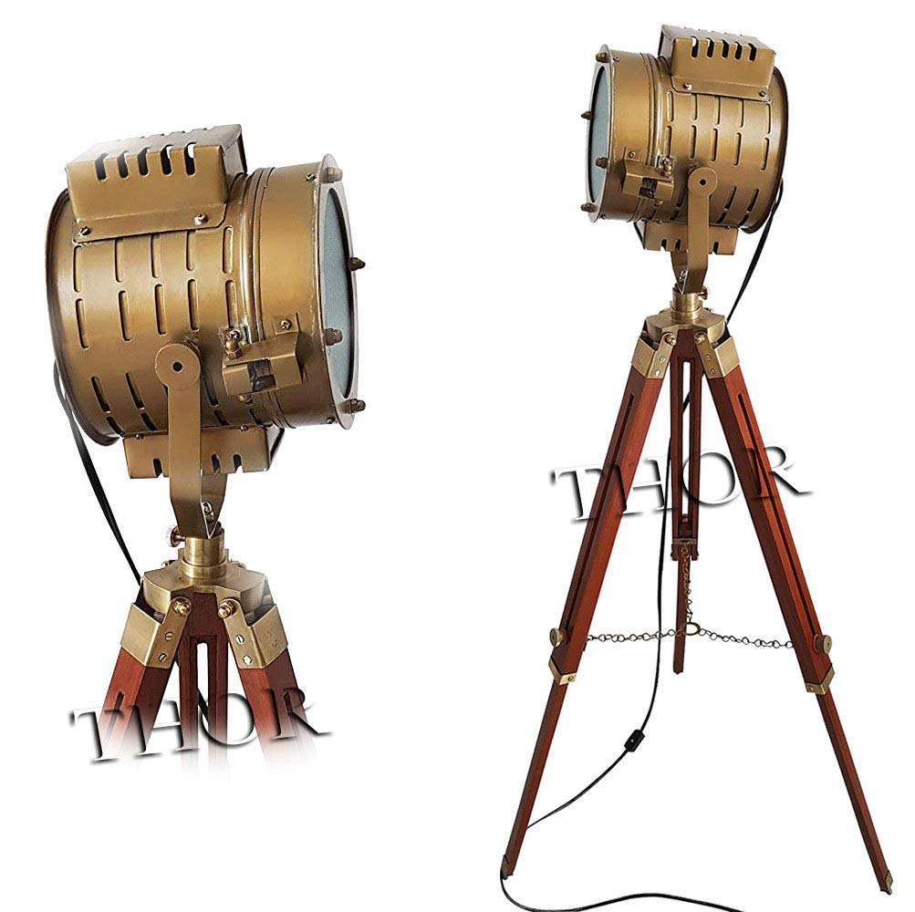 Handcrafted Antique Tripod Floor Lamp - Vintage Nautical Searchlight Style for Home & Office Decor | Rustic Industrial Lighting for Living Room, Study, or Gift