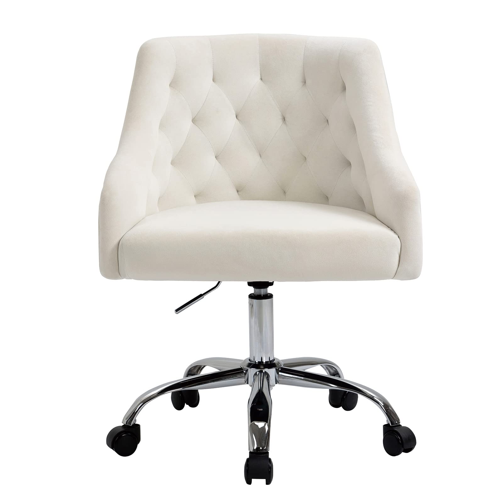 Modern Velvet Swivel Office Chair with Adjustable Height & Wheels - Ergonomic Rolling Desk Chair for Home Office, Study, Bedroom & Living Room - Soft Upholstered Vanity Armchair in White (Perfect for Workspaces & Makeup Areas)