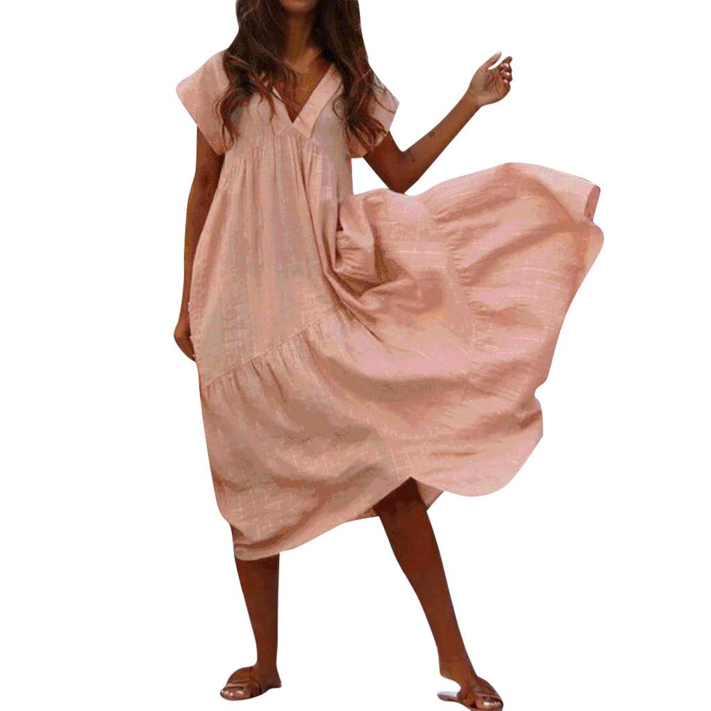 Women's Summer Sundress - V-Neck Short Sleeve High Waist Loose Fit Casual Dress with Pockets | Beach Cover Up, Vacation Outfit, Brunch Dress, Outdoor Party Wear