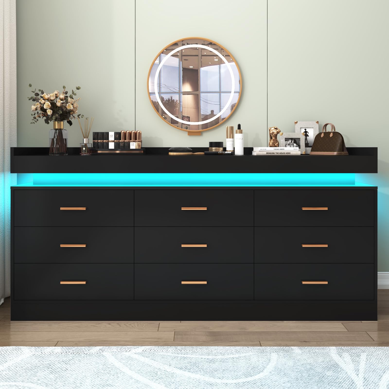 9-Drawer LED Dresser with USB Charging Station - Modern Black Chest of Drawers for Bedroom, Closet & Entryway - Spacious Storage Cabinet with Wide Drawers for Clothes, Accessories & Home Organization - Perfect for Small Spaces, Apartments & Dorm Rooms