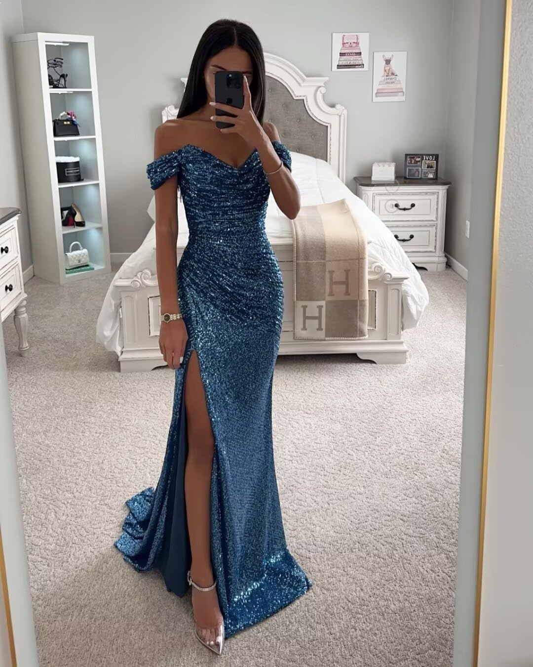 Sparkly Sequins Mermaid Prom Dresses for Women - Elegant Off Shoulder Long Formal Gown with High Slit, Perfect for Bridesmaid, Evening Party & Special Occasions