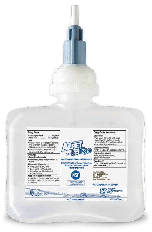 Alpet E3 Plus Hand Sanitizer Spray - 1000mL Refill Cartridges (Pack of 6) | Alcohol-Based Sanitizer for Home, Office & Travel | Kills 99.9% Germs