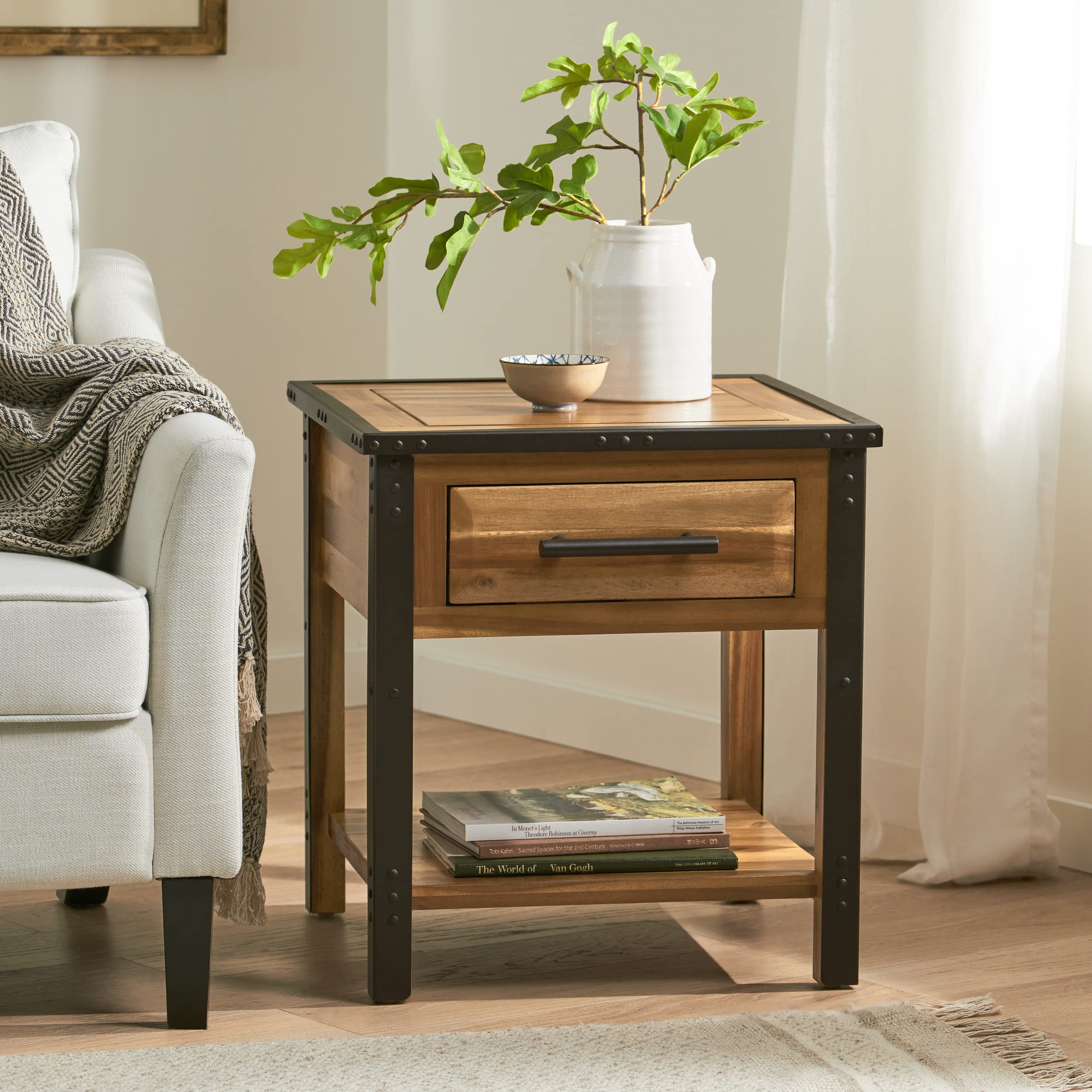 Christopher Knight Home Luna Acacia Wood One Drawer End Table, Natural Stain - Stylish Nightstand for Bedroom, Living Room & Office Furniture