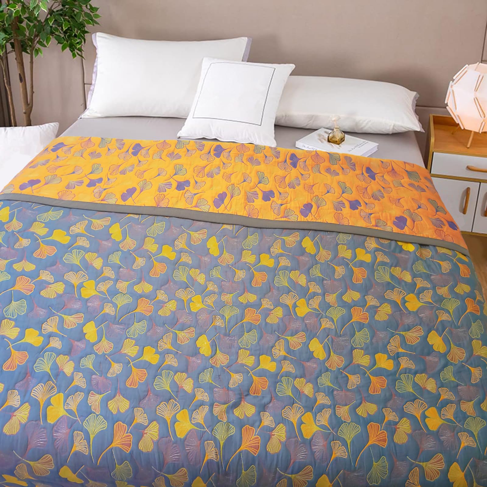 Ginkgo Leaf Pattern Cotton Reversible Quilt - Lightweight Muslin Summer Comforter King Size - Soft Breathable Bedspread Coverlet - Washable Quilted Throw Blanket for Bed, Couch, Sofa & Guest Room - Perfect for Summer Nights, Airy Home Decor and Cozy Lounging