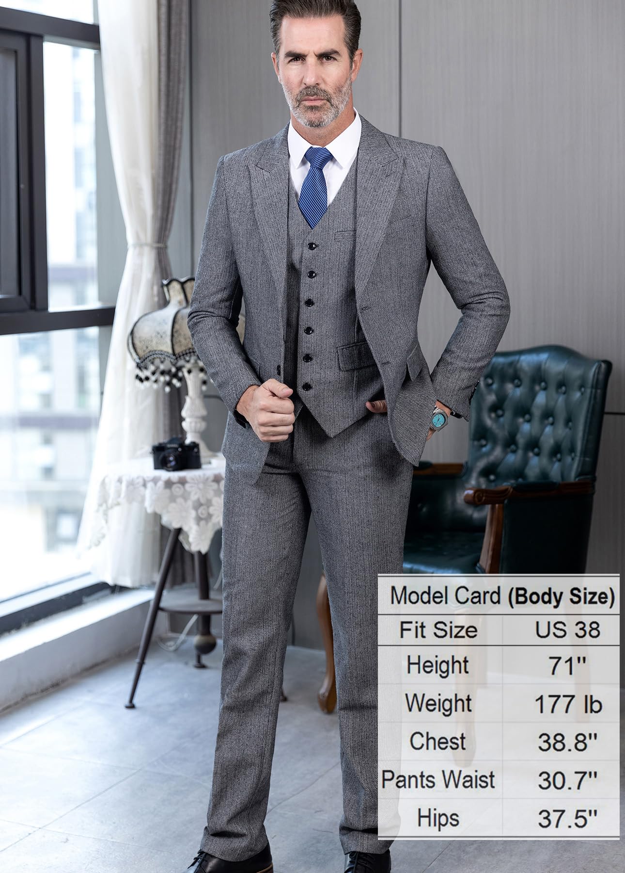 Men's Tweed Herringbone 3-Piece Wedding Suit with Peak Lapel - Formal Tuxedo for Prom, Groom & Special Occasions | Perfect for Weddings, Black Tie Events & Evening Galas