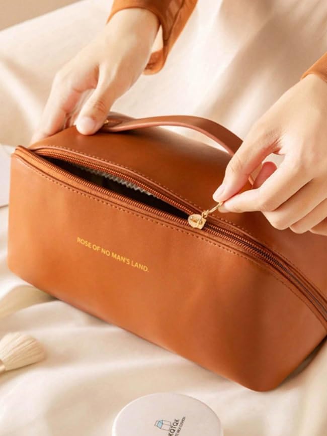 JRM Women’s Large Waterproof Leather Cosmetic Travel Bag - Spacious Makeup Organizer with Wide Opening, Dividers & Handle (Cross Open, Brown) | Perfect for Travel, Gym & Daily Makeup Storage