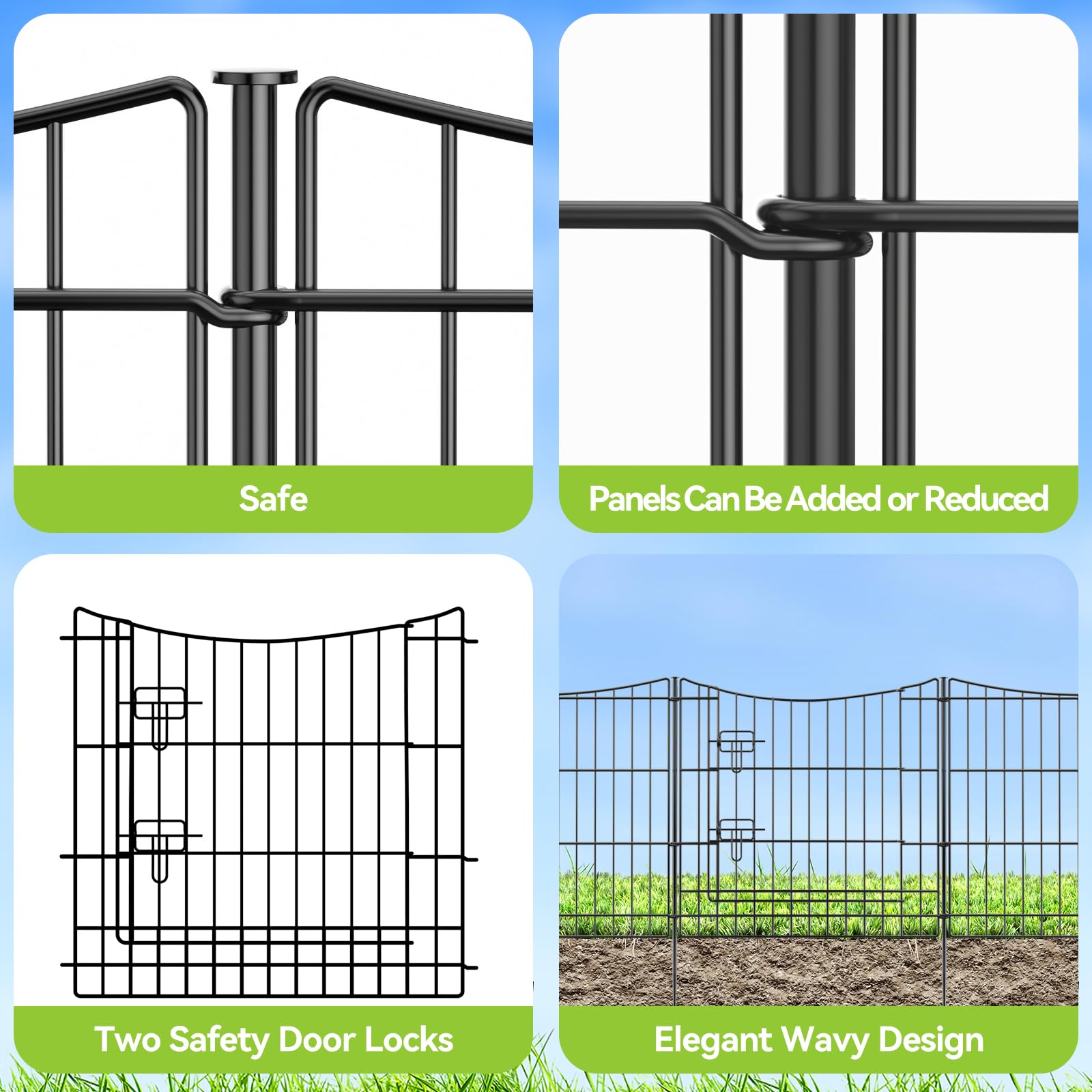 INJOPEXI 6-Panel Decorative Garden Fence - 11.8ft Length × 24in Height, Rustproof Metal Wire No-Dig Temporary Fencing with Gate - Ideal for Rabbit, Dog, and Animal Barrier in Yard, Outdoor Patio, and Garden Protection