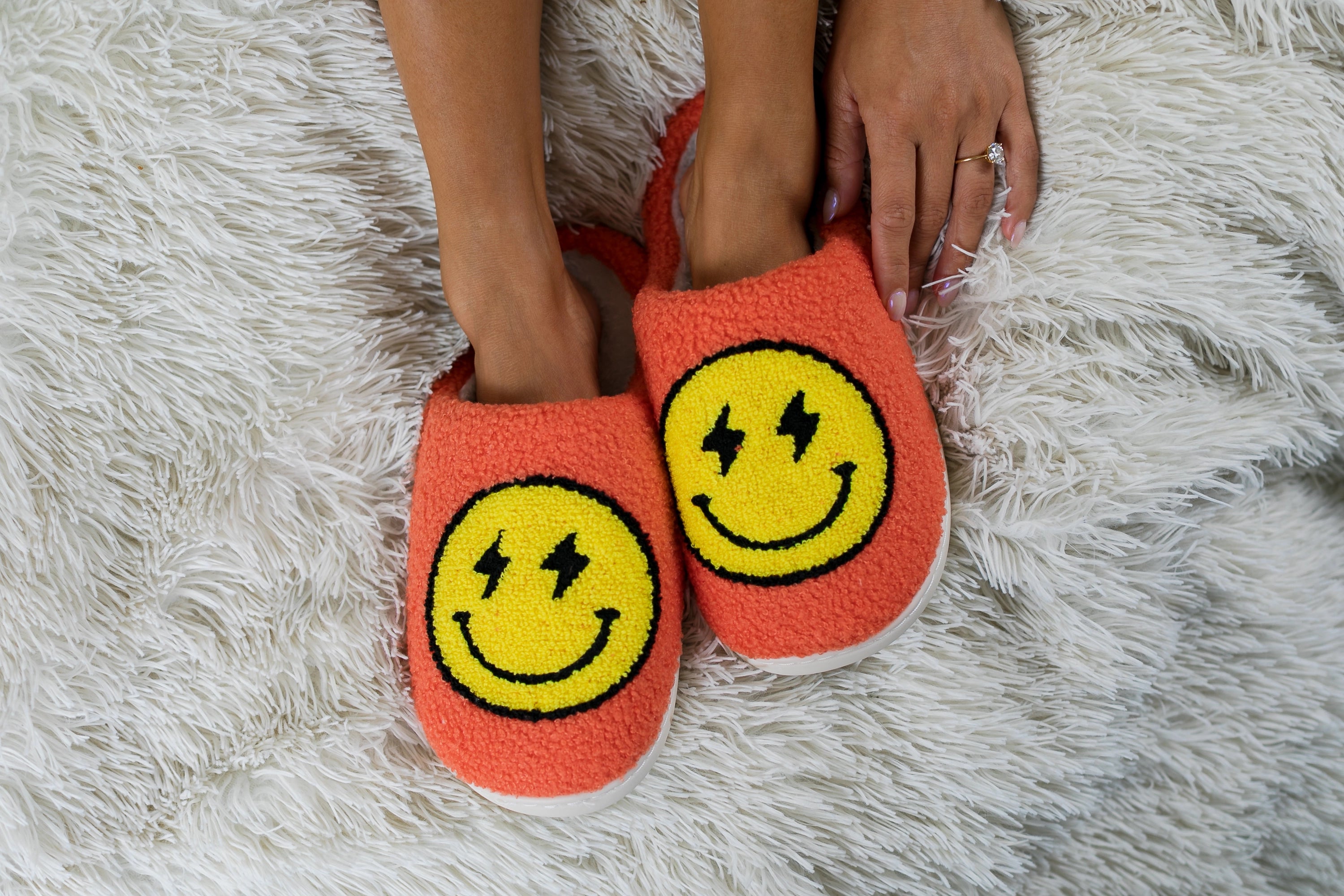 Cozy Smiley Face Slippers - Orange Fuzzy House Shoes with Lightning Eyes for Women & Men | Non-Slip Indoor/Outdoor Soles | Perfect for Home, Dorm & Lounge Comfort