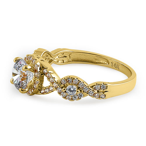 14K Yellow Gold Regal Twist Halo Round Cubic Zirconia Engagement Ring for Women - Perfect for Proposals, Anniversaries & Special Occasions