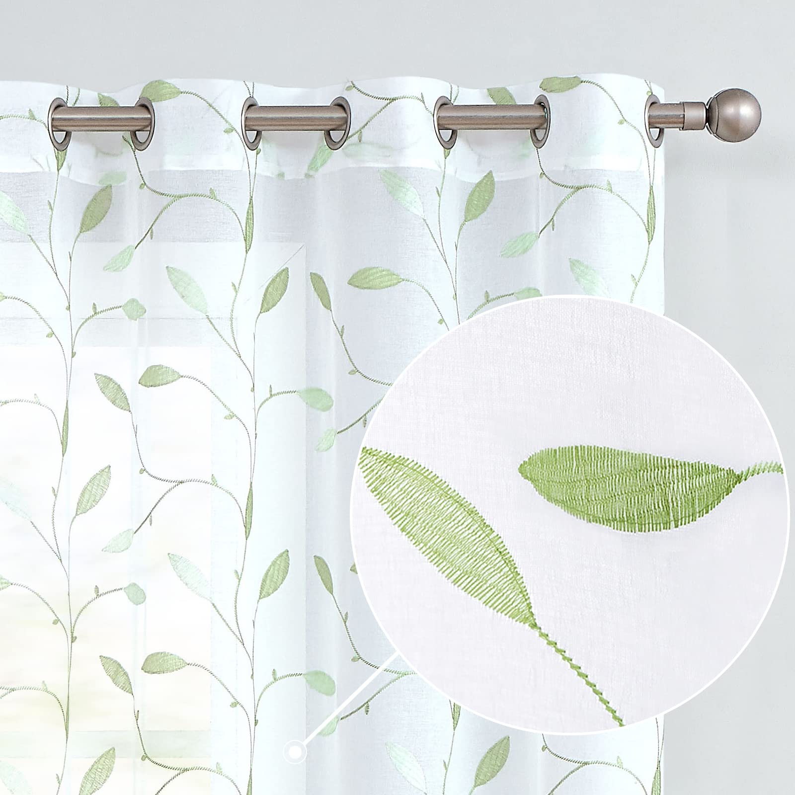 COLLACT Sheer Curtains with Leaf Embroidery - 84 Inch Length, 2 Panels Set, Grommet Top, Green on White - Farmhouse & Rustic Style Window Treatments for Living Room & Bedroom - Perfect for Natural Light Filtering and Privacy