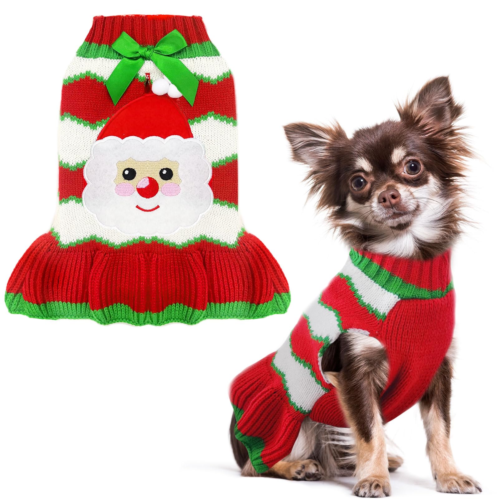 Christmas Dog Sweater with Harness Hole - Cute Santa Red Striped Knitted Puppy Vest - Soft & Warm Winter Pet Clothes for Small Medium Dogs & Cats - Perfect for Xmas Photos & Holiday Parties
