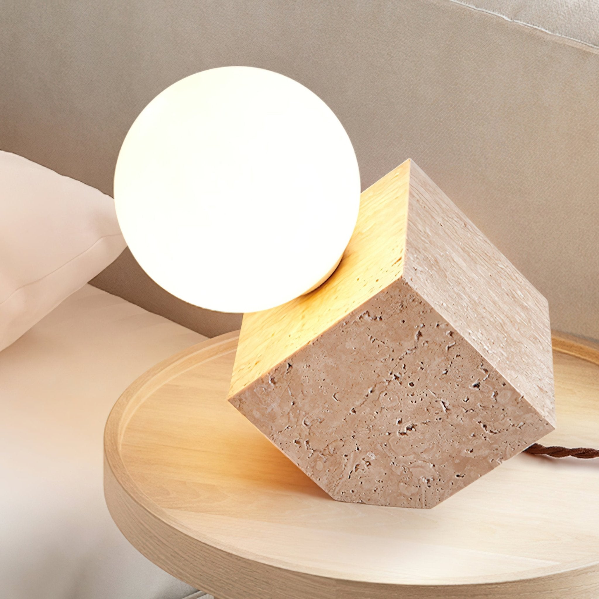 Modern Cube Stone Table Lamp - Minimalist Nightstand Light for Bedroom, Living Room & Office - Dimmable LED Desk Lamp with USB Port for Home Decor & Reading