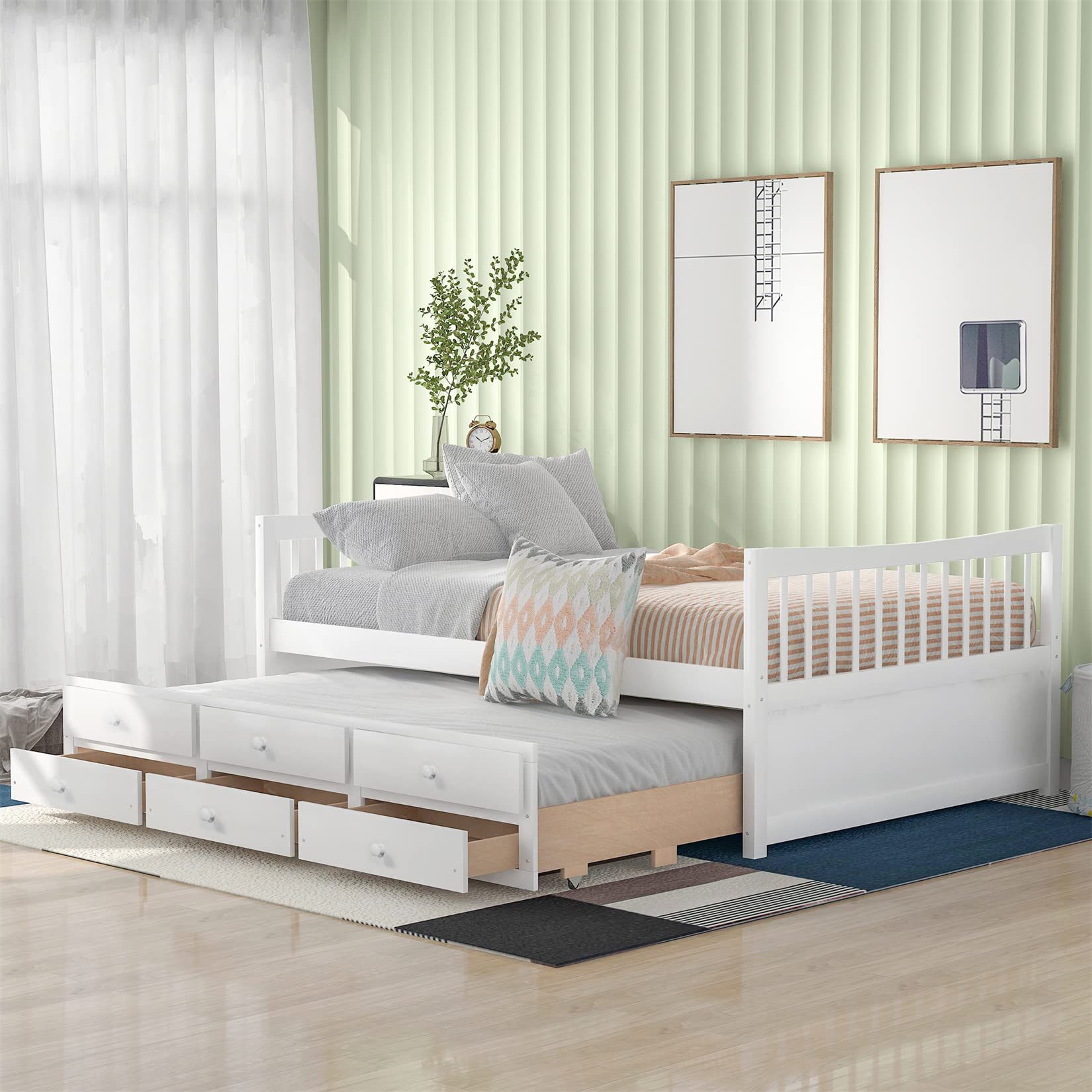 Bellemave Full Size Daybed with Trundle and 3 Storage Drawers - Wooden Platform Bed Frame for Kids, Teens, Boys & Girls - White - Perfect for Guest Rooms, Dormitories & Small Spaces