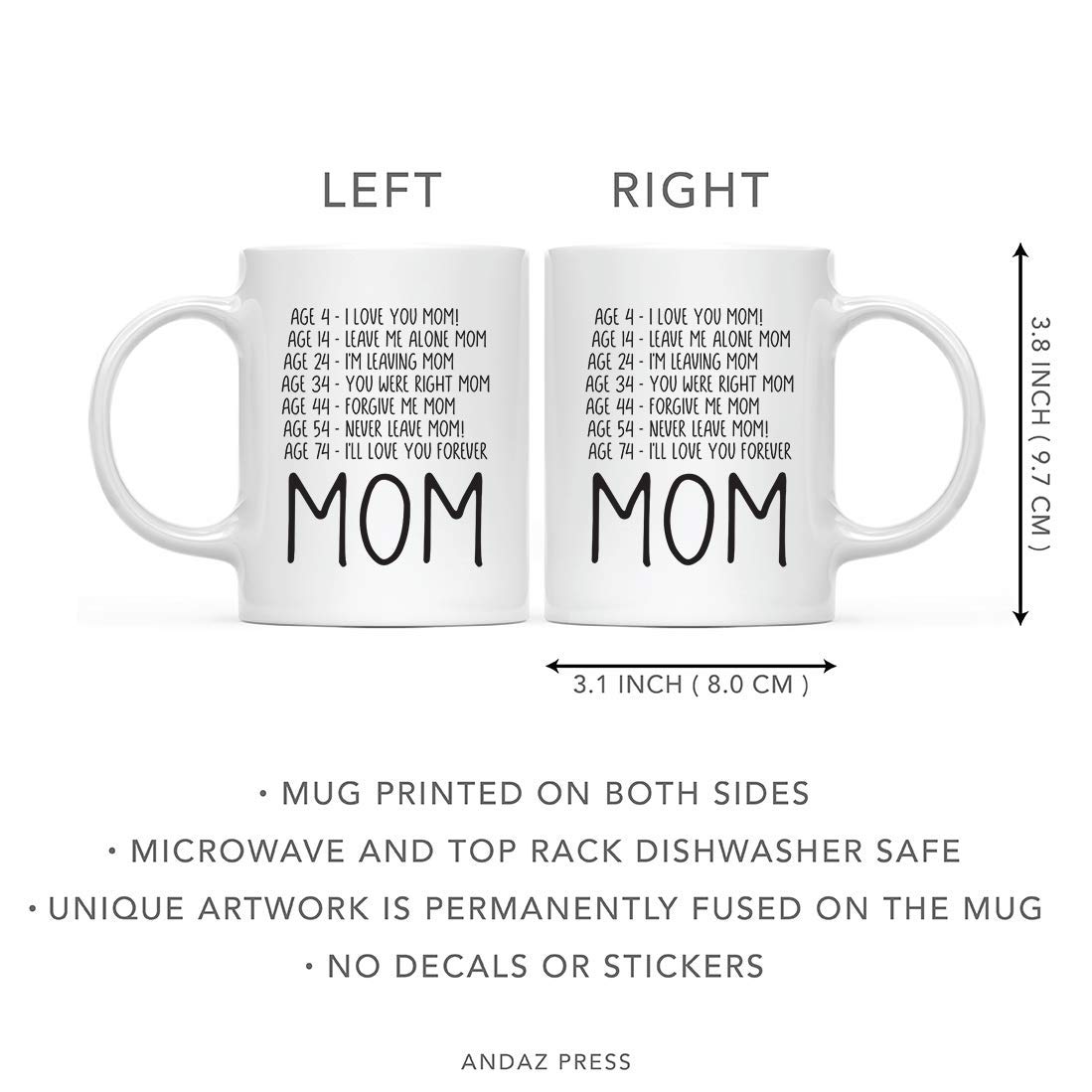 11oz Ceramic Coffee Tea Mug for Mom - 'I'll Love You Forever' Mother's Day, Birthday & Christmas Gift - Andaz Press Ages and Moods Collection (1-Pack) - Perfect for Morning Coffee, Afternoon Tea & Heartwarming Gifts