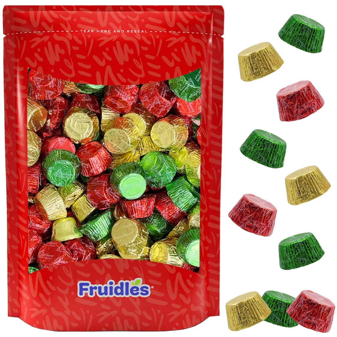 Premium Fruidles Christmas Peanut Butter Cups - Kosher Certified Milk Chocolate Candy, Individually Wrapped for Parties, Resealable 1lb Bag - Perfect for Holiday Gifts, Stocking Stuffers & Office Treats