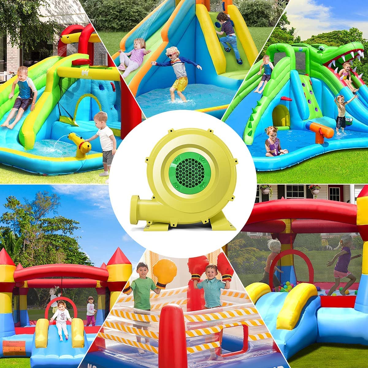**HONEY JOY 5-in-1 Inflatable Water Slide Park with Water Cannons & Long Slide - Indoor/Outdoor Bouncy Castle for Kids & Adults - Backyard Summer Fun (Includes 735W Blower)**    **Perfect for backyard parties, family gatherings, summer celebrations, and outdoor water play!**