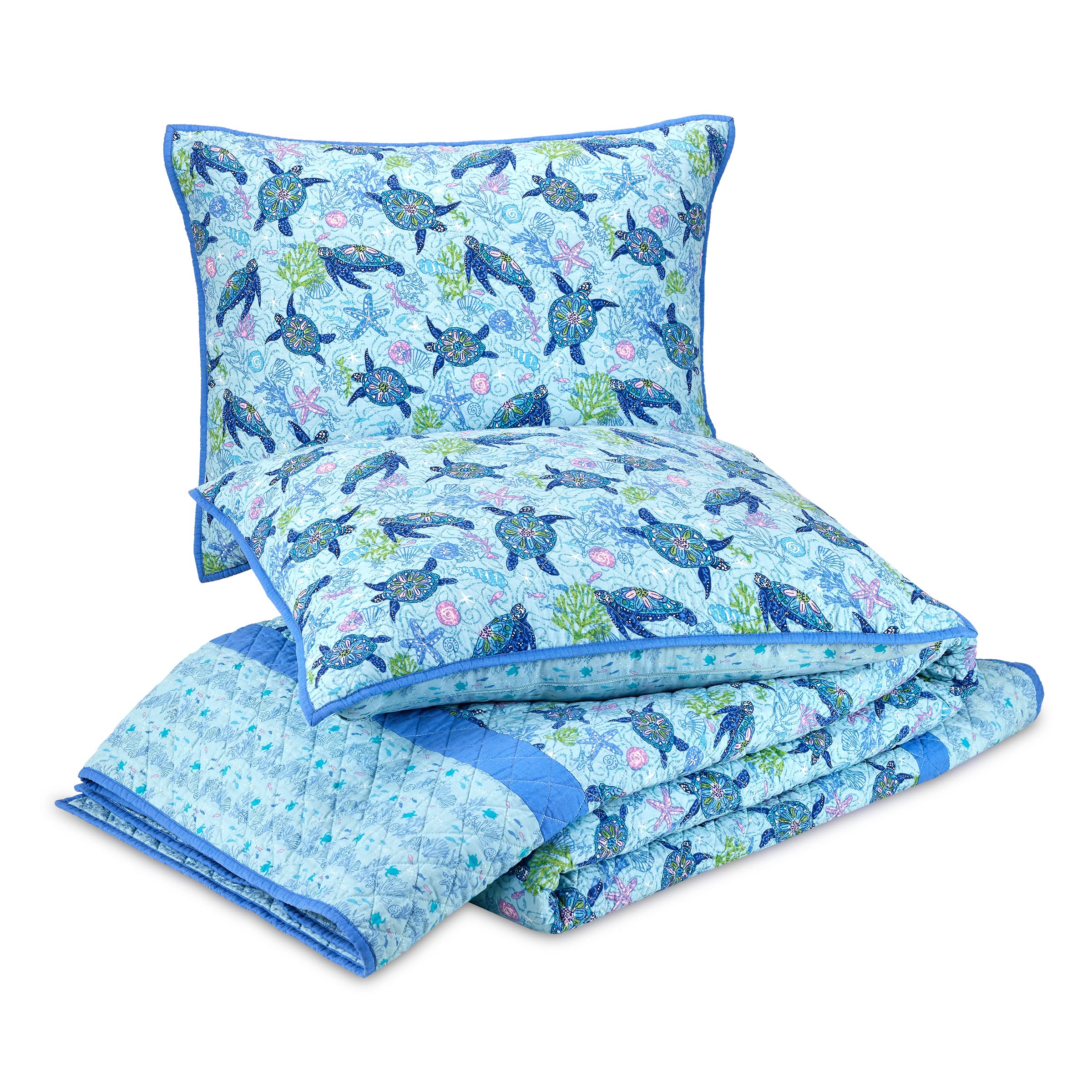 Vera Bradley Turtle Dream Reversible Quilt Set - Full/Queen Size Blue Floral Bedding - Perfect for Guest Rooms, Dorm Decor & Cozy Bedroom Makeovers