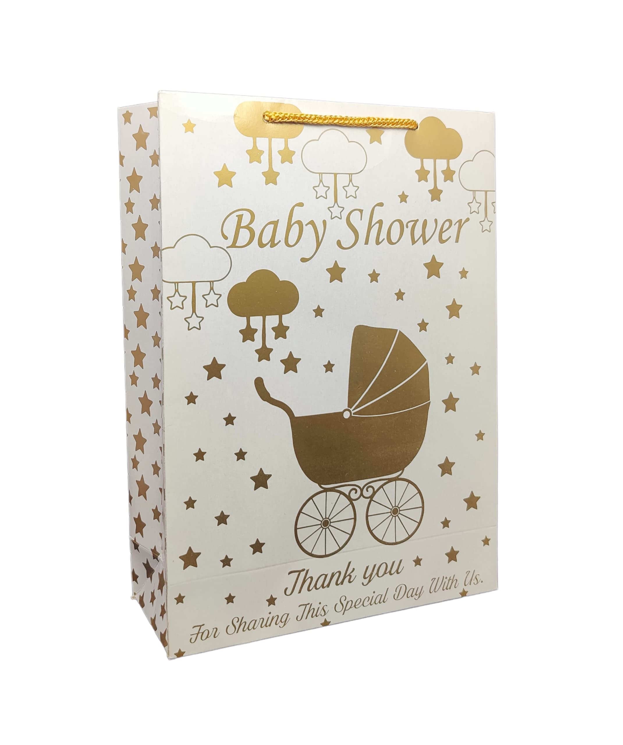 Premium Gold Printed Baby Shower Gift Bags - Elegant Trolly Design Carry Bags for Baby Shower Favors, Holiday Presents & Return Gifts (11x8x3 Inches, Pack of 9) - Perfect for Baby Showers, Birthday Parties & Special Celebrations