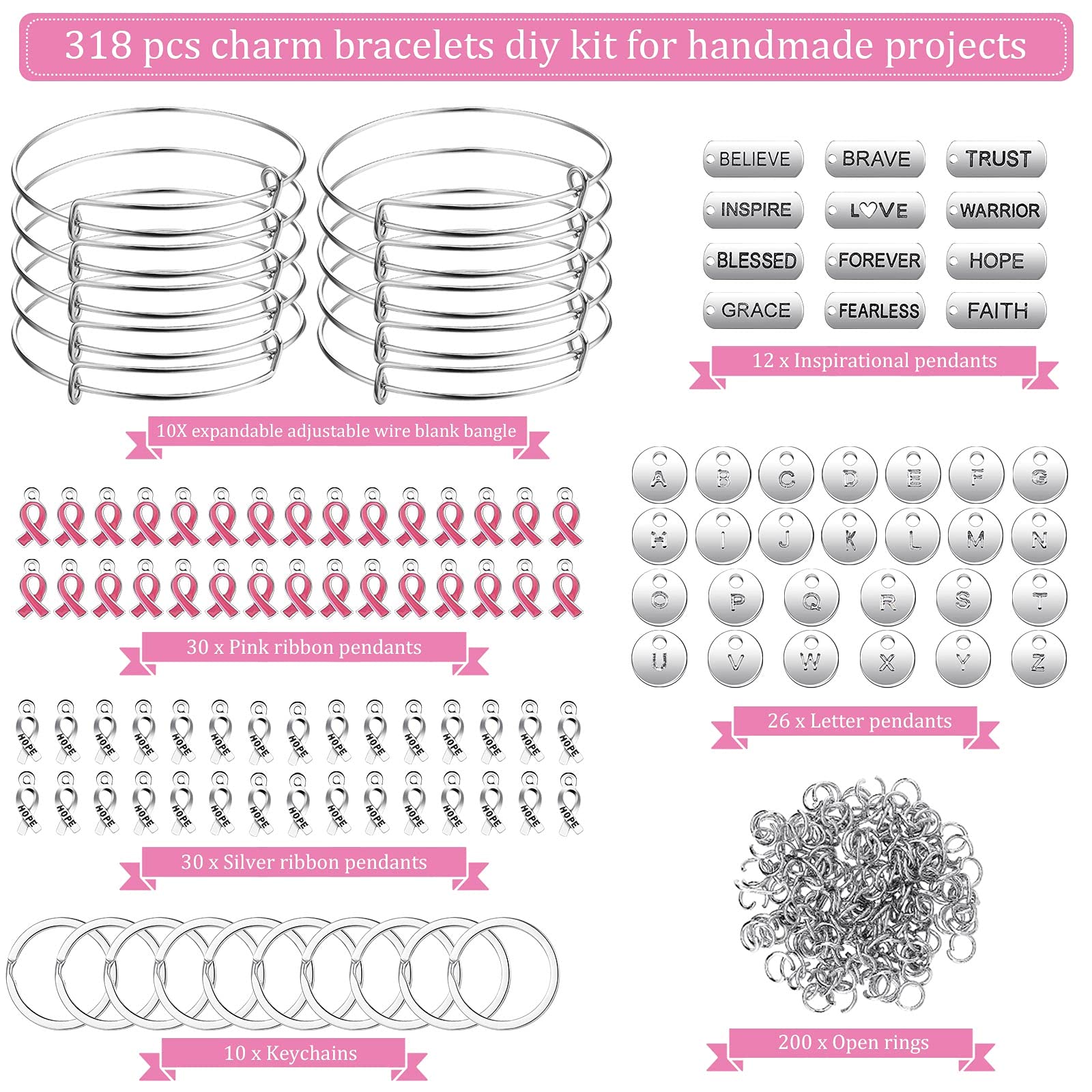 Hicarer 318-Piece Breast Cancer Awareness Jewelry Set - Pink & Silver Ribbon Charms, Round Letter Pendants, Expandable Bracelet, Keychains, Open Jump Rings for DIY Jewelry Making - Perfect for Fundraisers, Awareness Events & Gifts
