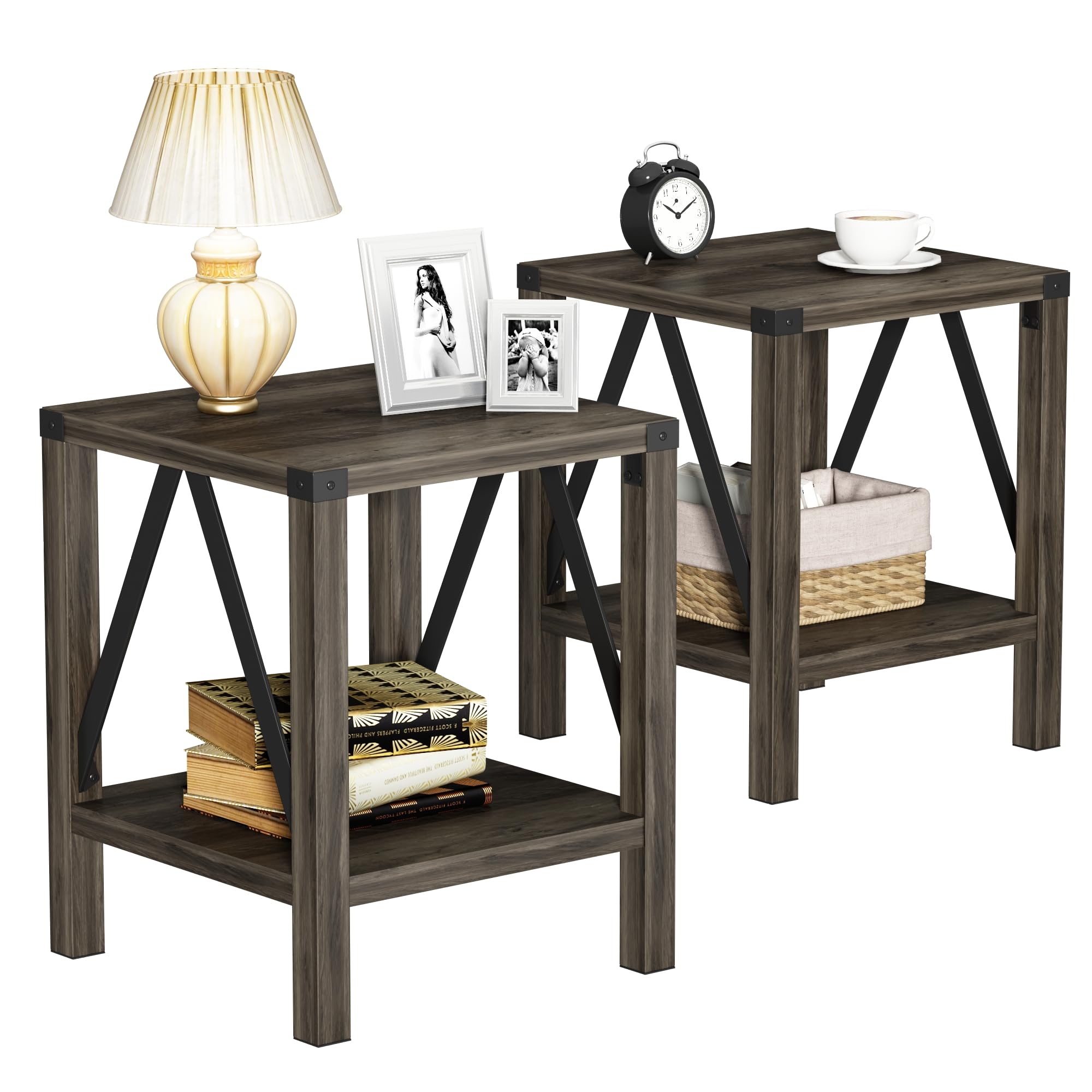 Treocho Farmhouse Side Table Set of 2 - Rustic Vintage Nightstand & End Table with Shelf - Grey Wash Wooden Coffee Tables for Living Room, Bedroom, Porch & Office Decor