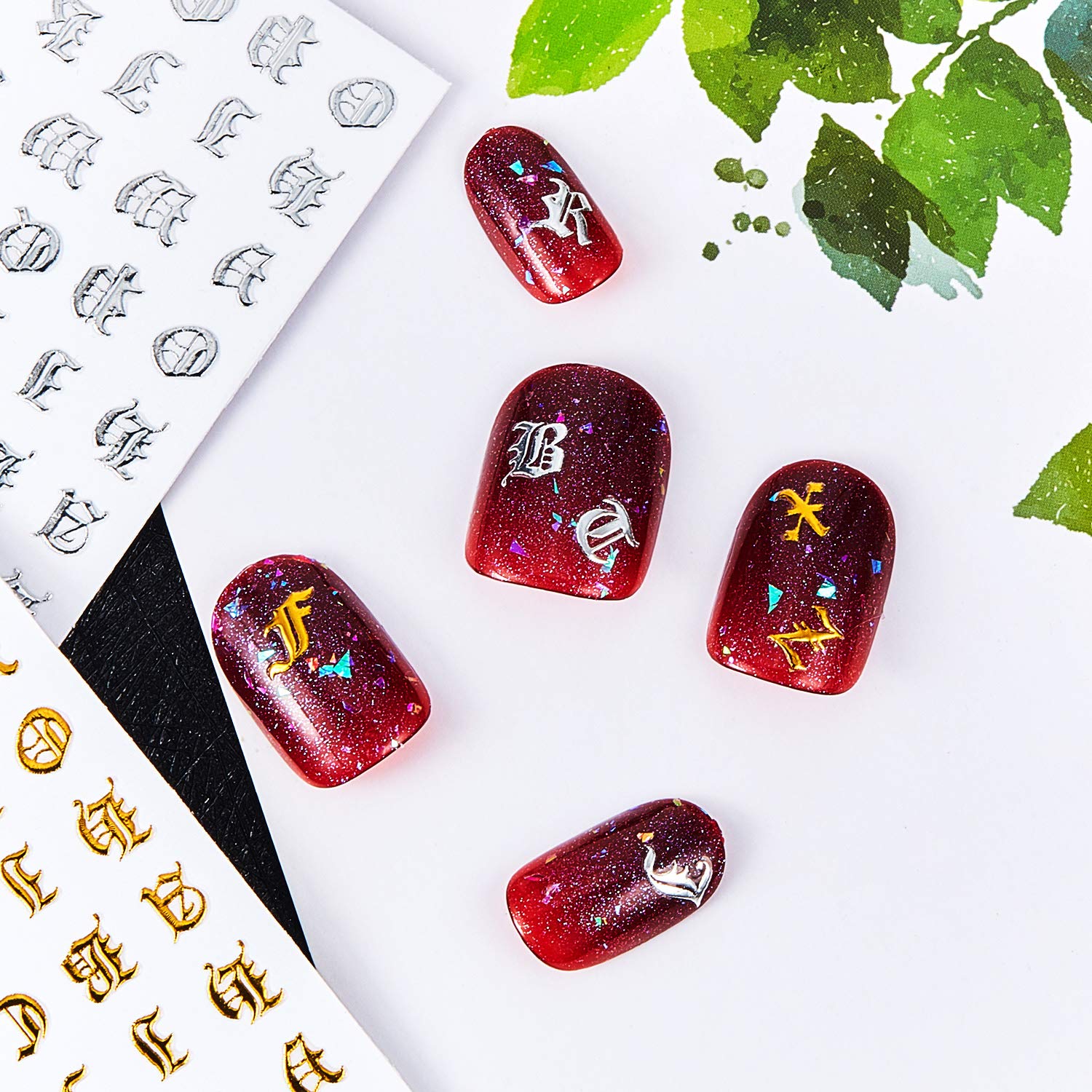 32 Sheets Holographic Letter Nail Art Stickers - Old English Alphabet Nail Decals with Gummed Adhesive for Women & Girls - DIY Salon & Home Nail Decoration (8 Styles) - Perfect for Parties, Weddings, and Special Occasions