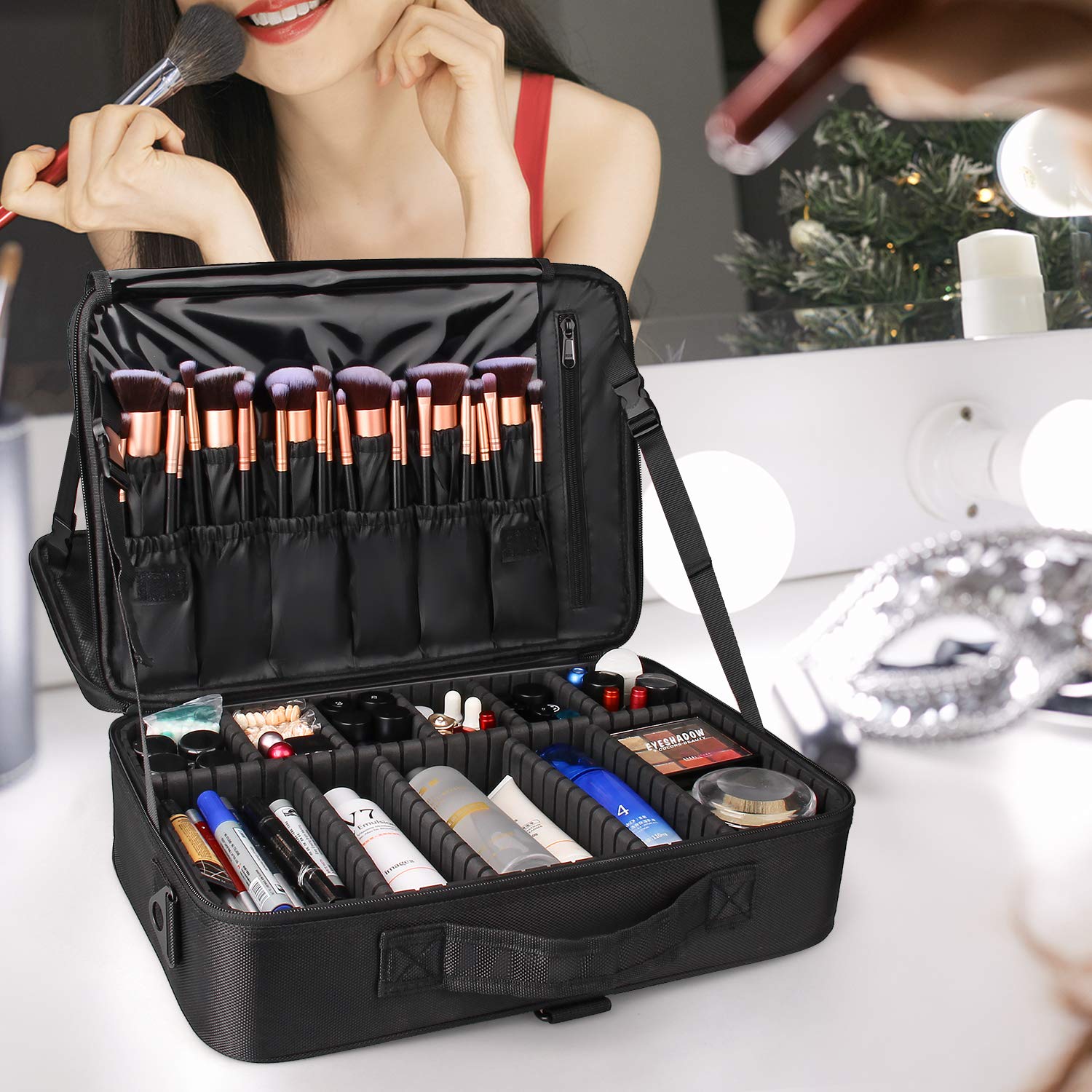 Relavel Professional Large Travel Makeup Train Case - Portable Cosmetic Organizer with Adjustable Dividers & Brush Holder (Black, Large) - Perfect for Makeup Artists, Travel & Home Storage