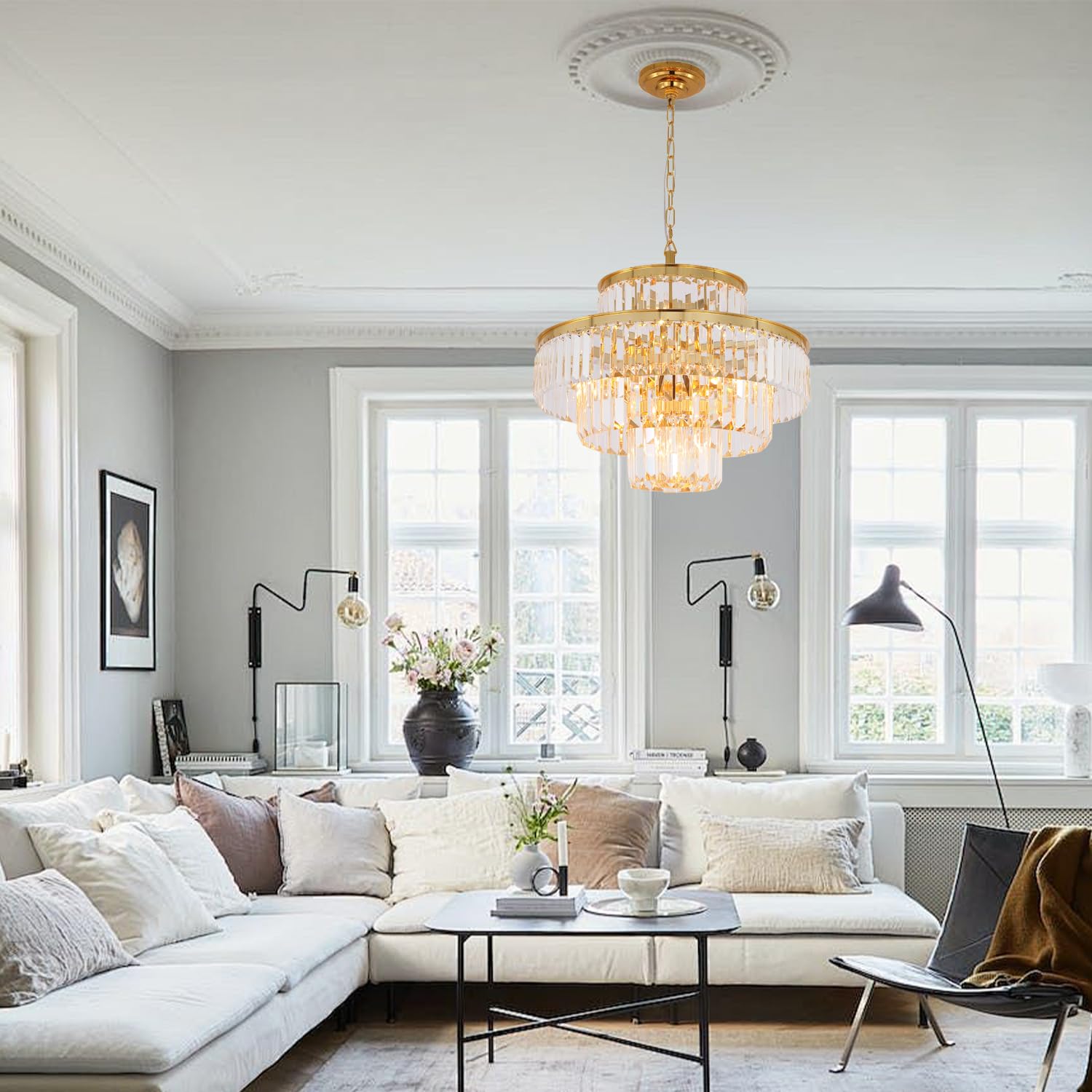 Modern Crystal Chandelier - 6-Light Gold Pendant Ceiling Lamp with 4-Tier Design (20 Inch Diameter) - Elegant Lighting Fixture for Dining Room, Living Room, Foyer & Hallway | Perfect for Home Decor, Wedding Venues and Luxury Interior Design